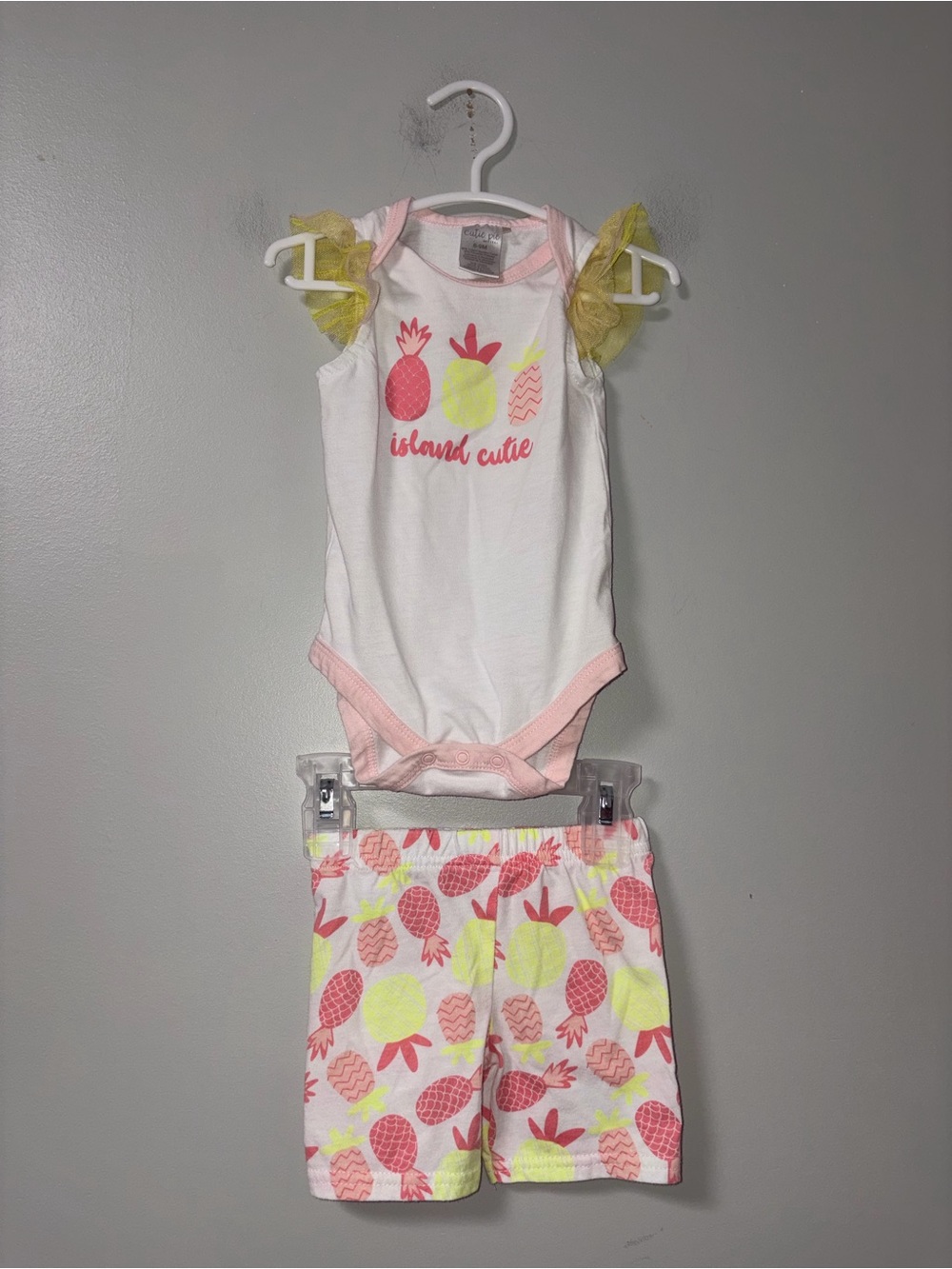 Cutie Pie White Coral Yellow Pineapple Island Cutie Body Suit Ruffles Shorts 6-9